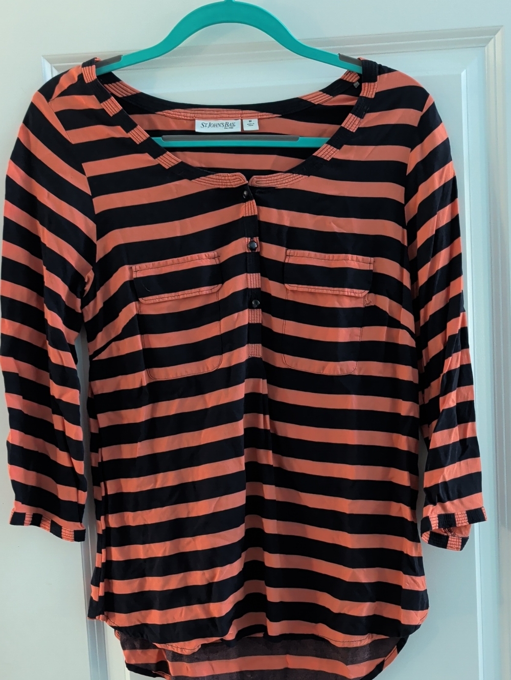 St. John's Bay Black and Coral-Orange Striped Long Sleeve Henley